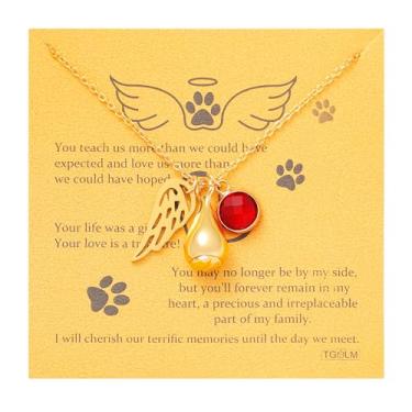 Imagem de TGOLM Colar de urna animal de estimação para presente de simpatia por perda de animais de estimação para cinzas, pingente de asa de anjo, pedra do mês de nascimento, joia de lembrança de cremação para