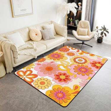 Imagem de Tapete de área de flores descoladas dos anos 1960, década de 1970, 1,60 m x 1,28 m, tapetes hippie para sala de estar, para crianças, meninos, meninas, vermelho, amarelo, vintage, floral, corredor,