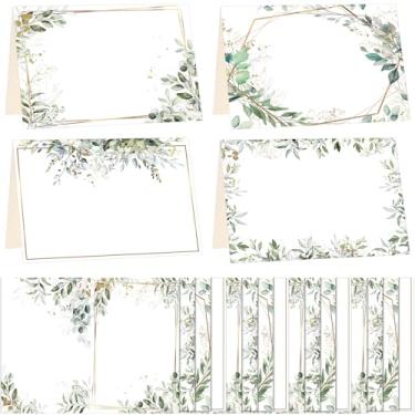 Imagem de Honoson 48 cartões de mesa em aquarela para mesa de 4,6 x 7,6 cm, cartão de assento preenchível em branco, barraca de eucalipto, cartão de nome dobrável para casamentos, festas, banquetes