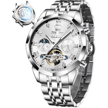 Imagem de OLEVS Relógio masculino automático de aço inoxidável esqueleto mecânico à prova d'água luminoso com corda automática diamante masculino, relógio masculino todo prateado, all silver men watch, relógio