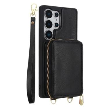 Imagem de HAOMRIYL Capa bolsa para Samsung Galaxy S25 Ultra/S25 Plus/S25, bolsa com zíper para cartão, capa de couro com suporte à prova de choque, alça de ombro, preta, S25plus