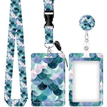 Imagem de Porta-crachá de identificação com cordão retrátil e destacável, cordão com mosquetão para professores, enfermeiros, trabalho perfeito e escritório (escamas de sereia verde)