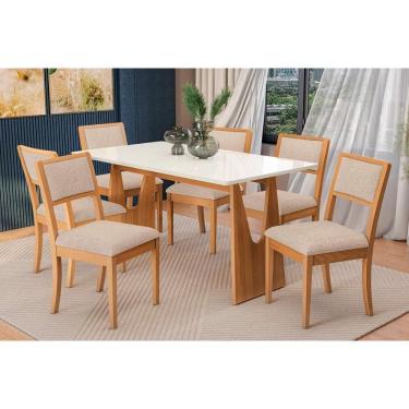 Imagem de Conjunto Sala de Jantar Mila Premium Madeira Maciça c/ Tampo Madeirado c/ Vidro 160x90cm e 6 Cadeiras Alice Carvalho/Off White - Linho Bege Argila-Kap