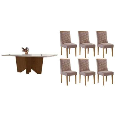 Imagem de Conjunto Sala de Jantar Nevada c/ Tampo Madeirado c/ Vidro Canto Curvo 180x90cm e 6 Cadeiras Maldivas Madeira Maciça Naturale/Off White - Capuccino/Li
