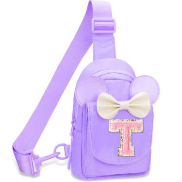 Imagem de Bolsa tiracolo para meninas – Bolsa tiracolo pequena com inicial para meninas, pochete infantil para viagens, Roxa, T