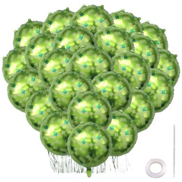 Imagem de 24 Peças Balões de Pixel Verde, 45cm Estilo Pixel Balões de Papel Alumínio com Fita e Canudo para Meninos e Meninas Decoração Festa Aniversário
