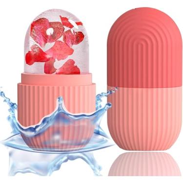 Imagem de Bolas de massagem em forma de cubo de gelo para rosto, olhos e pescoço – Molde de gelo de silicone para condicionamento natural e cuidados com a pele (rosa)