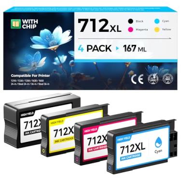 Imagem de Conjunto de cartuchos de tinta 712 712XL pacote com 4 peças de substituição de alto rendimento para HP 712 712XL Ink compatível com impressoras HP Color DesignJet T650 T630 T230 T210 Studio Plotter