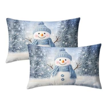 Imagem de Kwlegh Capas de almofada lombar azul boneco de neve capas de travesseiro de inverno 30,5 x 50,8 cm capa de almofada retangular com estampa dupla face para decoração de casa sofá sofá conjunto de 2