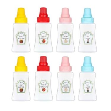 Imagem de 8 frascos de ketchup, pequenos frascos portáteis de 25 ml para condimentos com tampa de rosca resistente, recipientes portáteis para molho de mel para molho de salada para acessórios de lancheira