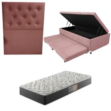 Imagem de Cama Box Baú Solteiro com Auxiliar (Bicama) + Colchão de Espuma D33 20cm | Kit Completo com Cabeceira Botonê Opcional | Diversas Cores (3, SUEDE ROSA, COM CABECEIRA)