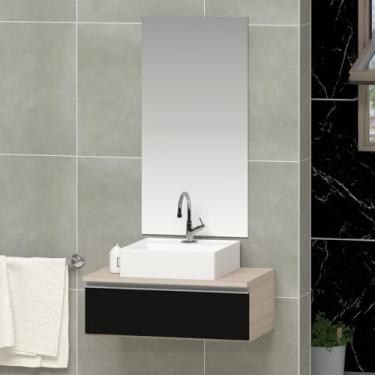 Imagem de Conjunto Gabinete Banheiro JOY 45cm (gabinete + cuba + espelho) (Madeirado/Preto)