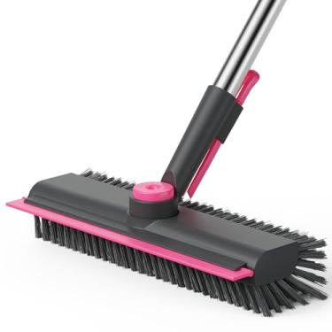 Imagem de AIR U+ Escova de limpeza de chão com cabo longo, escova 3 em 1 para raspagem e cerdas rígidas resistentes para limpeza de chuveiro, banheiro, pátio, garagem, cozinha, parede e deck, cinza e rosa