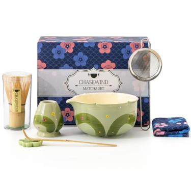 Imagem de ChaseWind Conjunto de batedor Matcha, conjunto matcha de 7 peças com tigela matcha de cerâmica pintada à mão, batedor e suporte matcha, colher e descanso, peneira, toalha de chá, kit de matcha