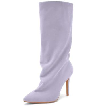 Imagem de Perisis Botas femininas despojadas cano médio pretas longas de puxar salto agulha bico fino botas de tubarão para mulheres sexy moda, Camurça roxa clara, 44