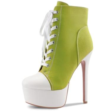 Imagem de Perisis Bota feminina preta plataforma tornozelo salto alto stiletto bota curta cadarço lona sapatos fechados bico redondo com zíper lateral para mulheres sexy primavera outono inverno, Lona verde