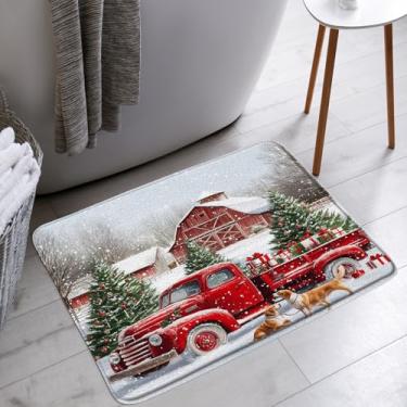Imagem de STKKST Tapete de banho de caminhão vermelho de Natal, casa de fazenda, árvore de Natal, cachorro fofo, inverno, férias, banheiro, banheira, tapete, decoração de vaso sanitário, 45,7 x 76,2 cm