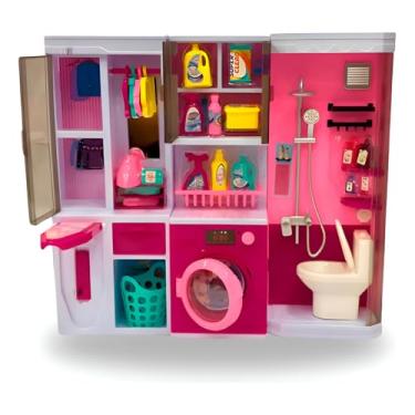 Imagem de Kit Lavanderia Infantil com Luz e Som, Banheiro Miniatura Rosa, 36x32x7cm, Acessórios Realistas, Brinquedo Educativo para Crianças +5 Anos, Funciona com 2 Pilhas AA