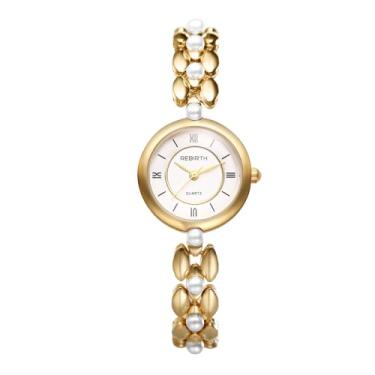 Imagem de JewelryWe Relógio feminino pulseira de pérola: relógio de pulso feminino dourado à prova d'água quartzo analógico elegante caixa redonda numerais arábicos com pulseira destacável, Dourado, relógio
