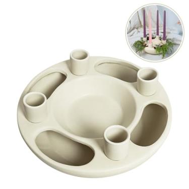 Imagem de Guirlanda do Advento de Natal Suporte de vela de cerâmica branca - Peça central de 4 furos para decoração de mesa de festa de altar de igreja em casa e vegetação real