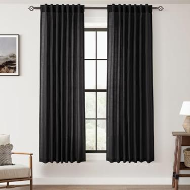 Imagem de Jolilight Cortinas pretas de linho com 160 cm de comprimento para quarto, filtro de luz traseira, privacidade semitransparente, cortinas pretas semitransparentes, sala de estar, boho, rústico, casa de