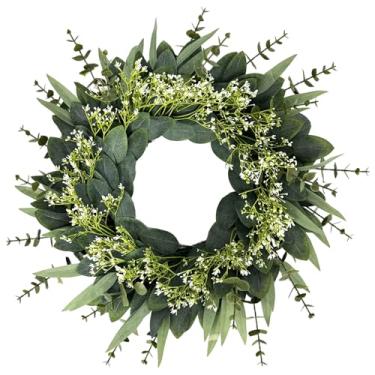 Imagem de Guirlanda de eucalipto de 50 cm (50 cm), versão 2025, decoração de fazenda de primavera, porta da frente, flores brancas de vegetação de plástico, rústico chique
