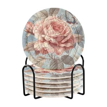 Imagem de Qilmy Conjunto de 6 peças de porta-copos de rosas bonitas ou porta-copos de bar para bebidas, porta-copos de fazenda ou porta-copos de mesa rústicos, porta-copos modernos de algodão para o Natal 1470