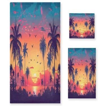 Imagem de xigua Pôr do sol com palmeiras conjunto de toalhas de banheiro absorvente macio 3 peças toalha de banho toalha de mão toalhas decorativas para banheiro, academia, hotel, praia, piscina