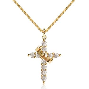 Imagem de OOTDAY Colar de cruz de coroa para mulheres, colar com pingente de cruz de zircônia cúbica banhado a ouro 14K, colar de cruz de ouro de diamante, cruz delicada, fé, simples, moderno, fofo, joias