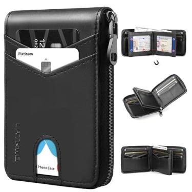 Imagem de Carteira masculina de grandes dimensões com bloqueio de RFID com zíper e 2 janelas para identidade, design de grande capacidade, 13 compartimentos para cartão de crédito, Preto brilhante, Minimalista