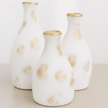 Imagem de Kit Trio 3 Vasos Cerâmica Decorativo Enfeite Decoração Elegante Casa Rack Conjunto Decorado Loja Estante Sala Cozinha(BRANCO C/BLUSH DOURADO)