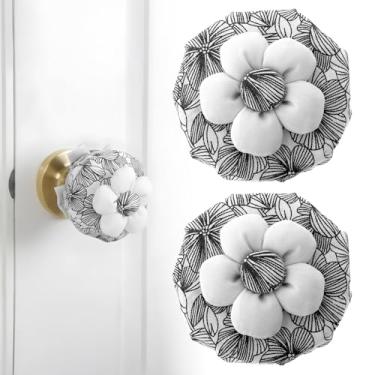 Imagem de LIQWEI 2 peças de capas de maçanetas de algodão, protetor de maçaneta de porta floral, macio, reutilizável, lavável, decorativo, maçanetas, almofadas, portas, redondas, protetores de parede (preto)