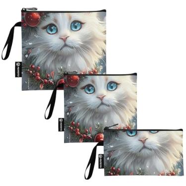 Imagem de TSENQUE Lancheira reutilizável de gato branco de Natal com zíper seguro para alimentos lavável para escola, piquenique, trabalho, viagem (pacote com 3)