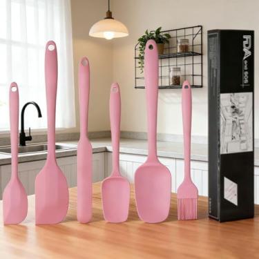 Imagem de Conjunto de espátulas de silicone rosa de 6 peças – Utensílios de cozinha antiaderentes resistentes ao calor para assar e cozinhar