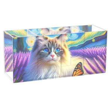 Imagem de TSENQUE Porta-canetas de mesa de acrílico de lavanda com tema de gato, fofo, para decoração de mesa, organizador de lápis, pincel de maquiagem, organizador de escritório, para decoração de mesa