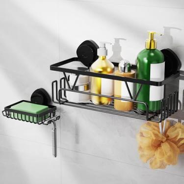 Imagem de ZUNTO Suporte de chuveiro com ventosa com suporte extra de sabão, sem broca, organizador de prateleira de chuveiro com ganchos, organizador de prateleiras de armazenamento de parede para banheiro e