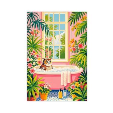 Imagem de Pôster em tela coruja na banheira decoração de banheiro rosa tropical arte de parede animal engraçado impressão colorida para casa quarto escritório dormitório sala de estar decoração Unframe 12 x 18