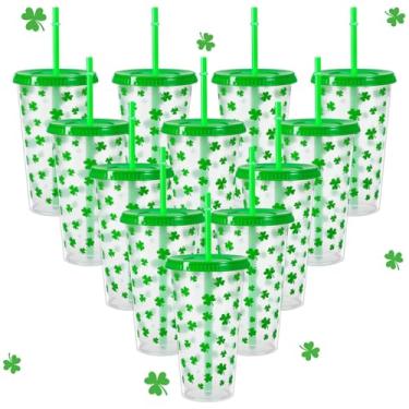 Imagem de FYSUIMU 12 peças de copos de plástico do trevo do dia de São Patrício com tampas, canudos, copos reutilizáveis de 680 g, trevo irlandês, verde, caneca de viagem, para café gelado, bebidas, suprimentos