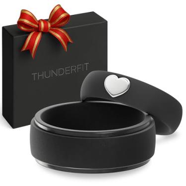 Imagem de ThunderFit Anéis de silicone para ele e ela, alianças de casamento para casais, pacote com 2 alianças de noivado de borracha com detalhes banhados a ouro, 5.5-6 (W) | 9.5-10 (M), Silicone, Sem tipo de