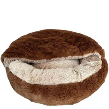 Imagem de CAMA PET PLUSH TOCA NUVEM COBERTA FECHADA CAMINHA COM COBERTURA PELUCIADA CASINHA FORMATO DONUT IGLU(CHOCOLATE,M (50CM))