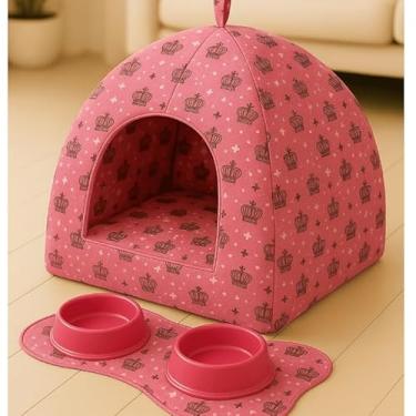 Imagem de Cama Cabana Pet 2 em 1 Impermeável Lavável para Cachorro e Gato Tenda(Rosa Coroa + Tapete Comedouro,GG)