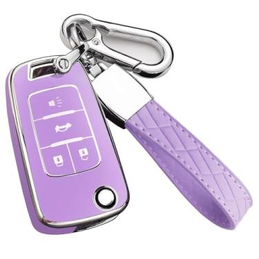 Imagem de Cacacar Capa para chaveiro Chevy com chaveiro, capa de proteção total TPU premium para Equinox Camaro Cruze Malibu Sonic Impala Buick Terrain (4 botões roxos)