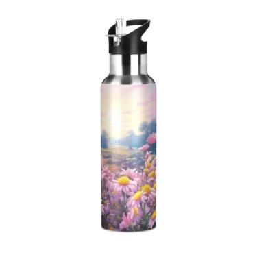 Imagem de Wassud Garrafa de água borboletas no campo de flores garrafa de água esportiva de aço inoxidável com canudo garrafas de água isoladas copo portátil de viagem 946 ml