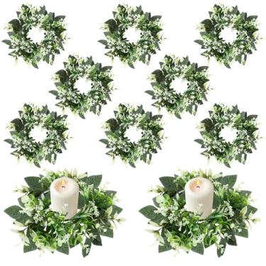 Imagem de 8 peças de anel de vela de eucalipto central de 10 cm mini grinaldas artificiais pequenas de folhas verdes guirlandas de pilar para porta de casa, janela, casa de fazenda, festa de casamento
