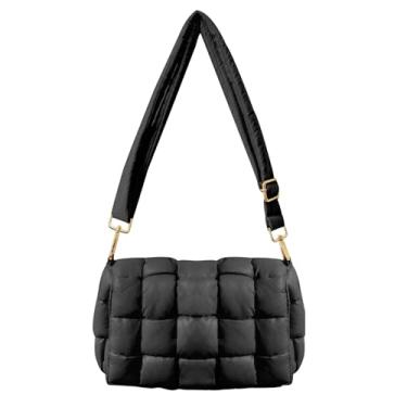 Imagem de NAARIIAN Bolsa de tecido acolchoado a tiracolo feminina acolchoada cassete bolsas de ombro modernas carteiro, Preto