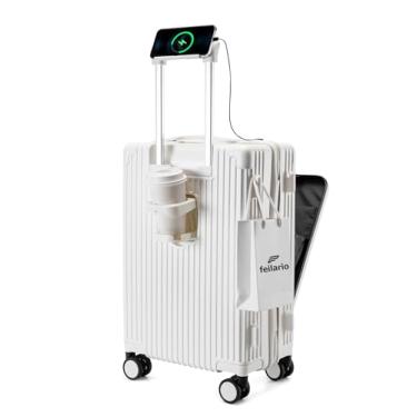 Imagem de feilario Mala de mão rígida com moldura de alumínio de 50,8 cm com fecho de zíper, mala de mão com trava TSA embutida, com porta-copos, porta USB e suporte de telefone, Branco (com fecho de zíper