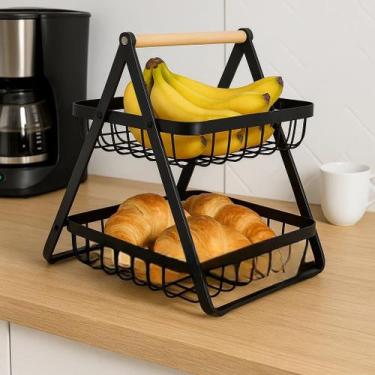 Imagem de Fruteira Cesto Alça Madeira Organizador Cozinha Prateleira Rack Guarda