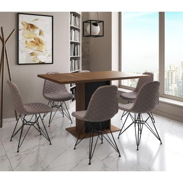 Imagem de Mesa Jantar Londres Retangular Amêndoa 137X90 Base Preta 6 Cadeiras Estofadas Nude Médio Ferro Preto