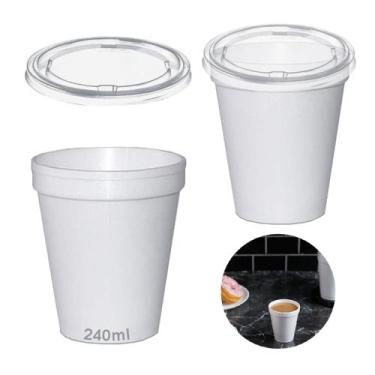 Imagem de 100 Copo Isopor 240ml C/ Tampa S/Furo Térmico Plástic Branco - Ultra c