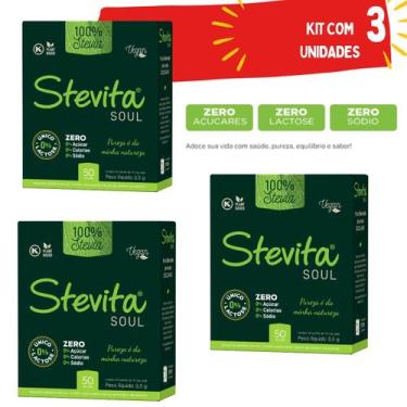 Imagem de KIT COM 3 ADOÇANTE DIETÉTICO 100 NATURAL ZERO AÇÚCAR STEVIA SOUL Sachê